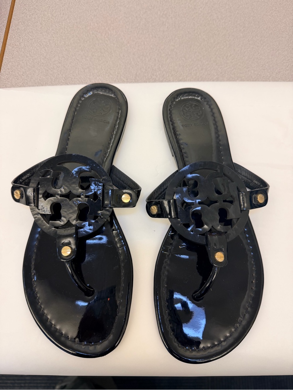 Tory Burch Black Patent Miller Logo Thong Sandals